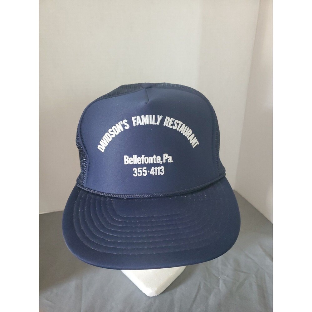 Vtg Trucker Hat Nissin Cap Navy Blue Snapback Rope Davison Family Restaurant